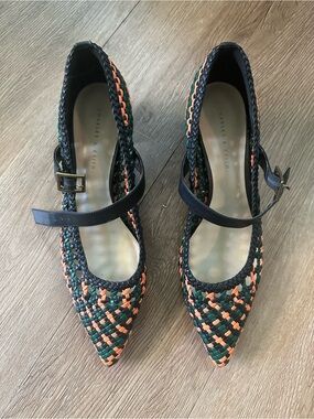 Charles & Keith Black, Green and Orange Woven Pointed Mary Jane Flats